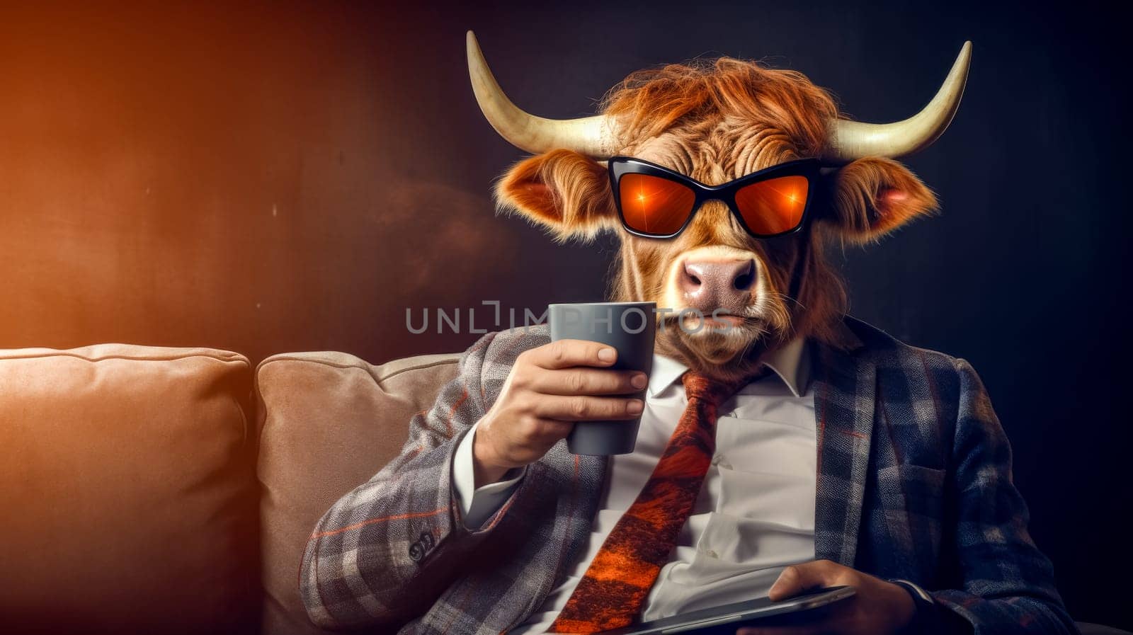 Stylish highland cow in a suit enjoys a coffee break while reading a tablet
