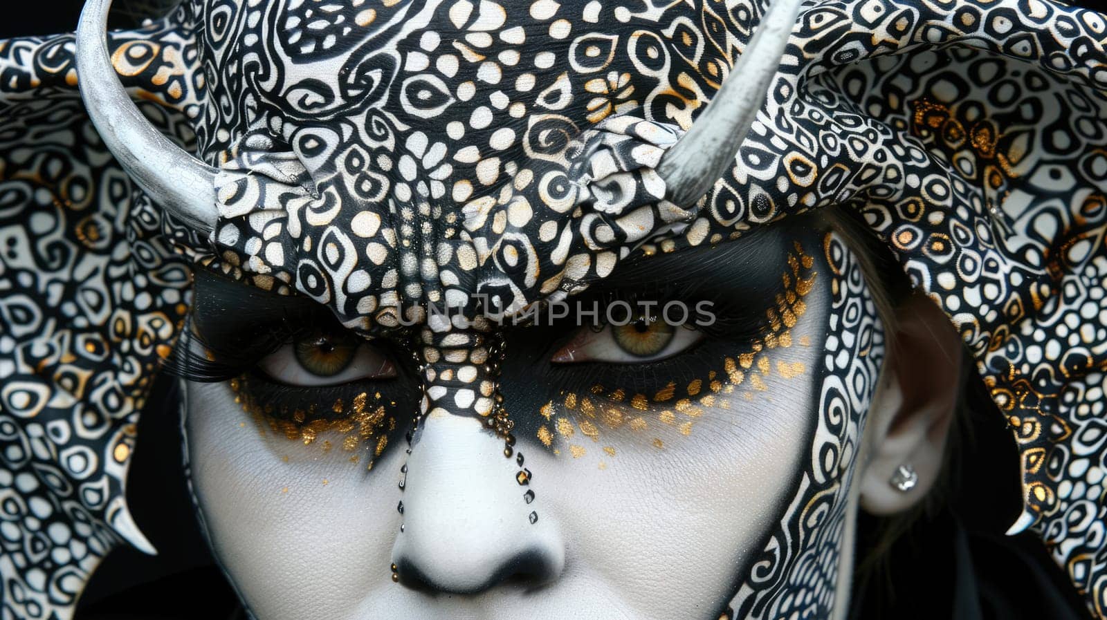 Fantasy concept. Makeup of mystical creature with patterns and horns AI