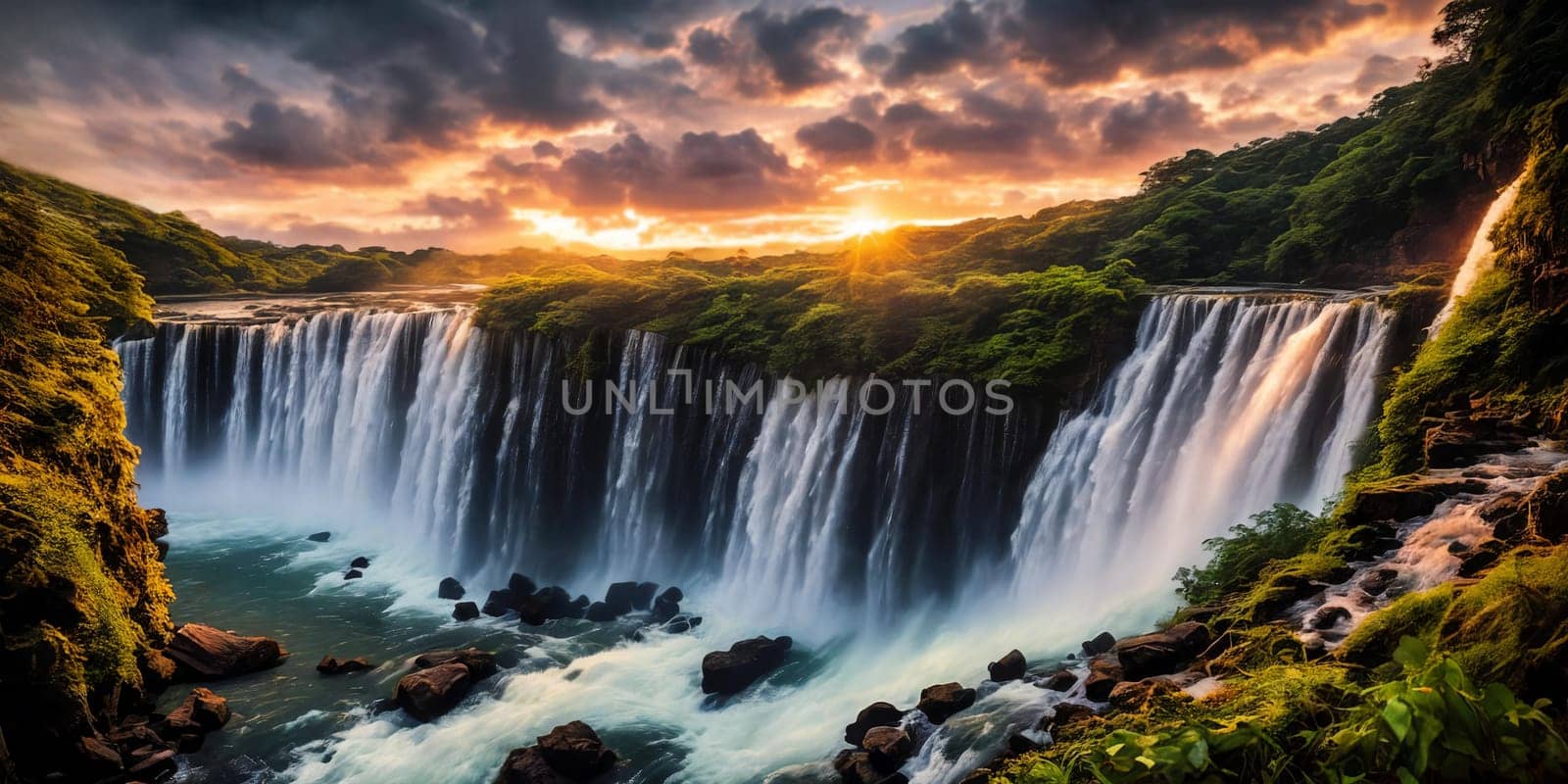 Fantasy landscape with waterfall at sunset, panorama.