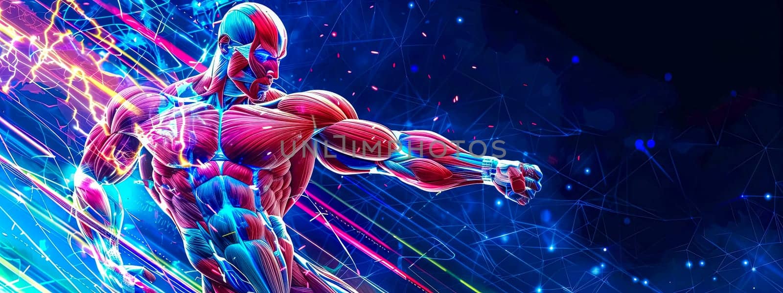 Vibrant digital artwork showcasing a detailed human muscular system in action on a futuristic blue backdrop