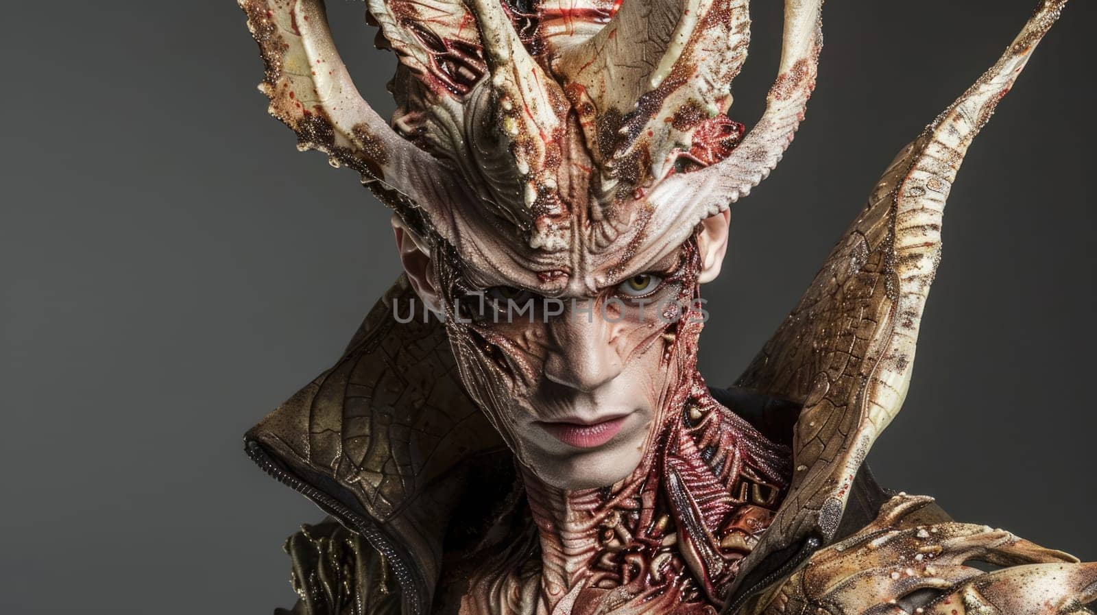 Fantasy concept. Makeup of mystical creature with patterns and horns AI