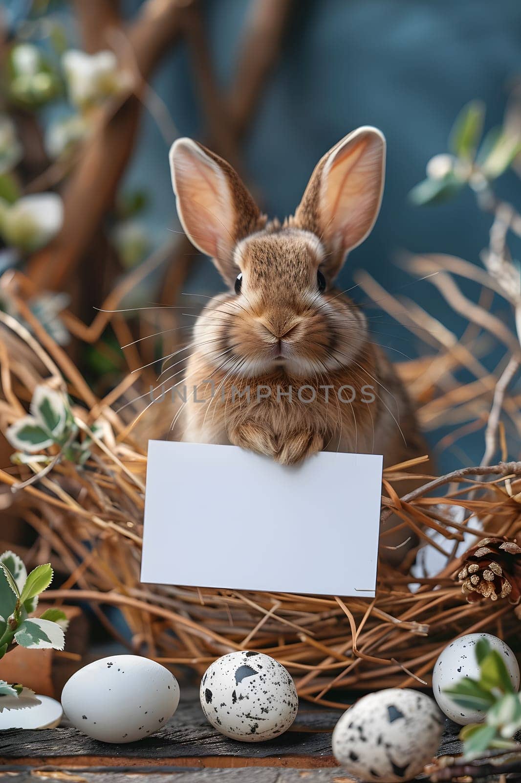 A wood rabbit, also known as Audubons Cottontail, is sitting in a nest made of natural materials, holding a sign. This terrestrial animal has a fluffy tail and a twitching snout