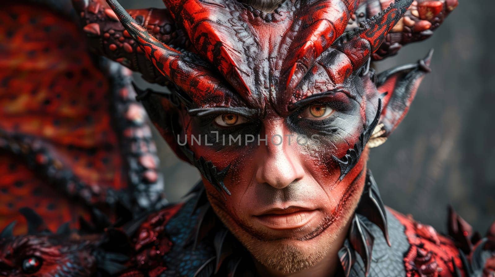 Fantasy portrait. Makeup of a mythical dragon. Professional makeup for filming AI