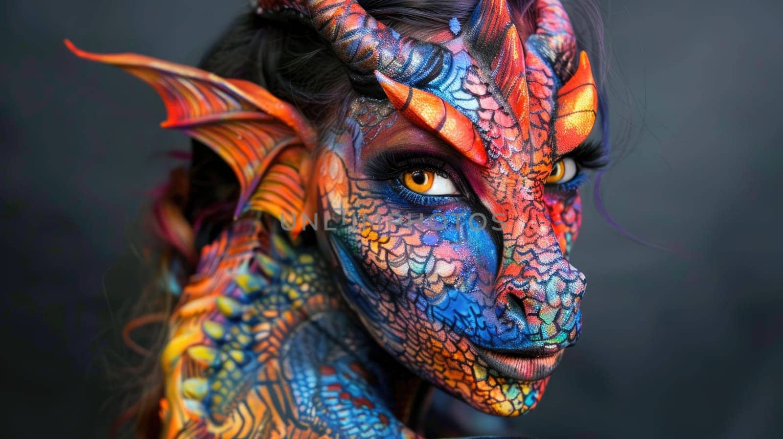 Fantasy portrait. Makeup of a mythical dragon. Professional makeup for filming AI