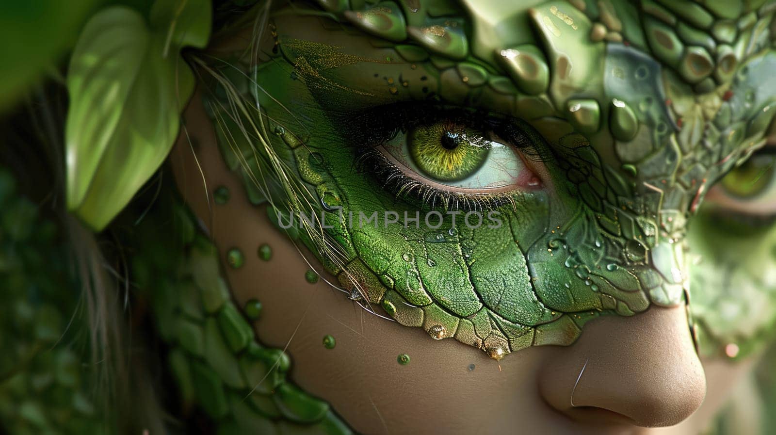Fantasy portrait. Makeup of a mythical dragon. Professional makeup for filming AI