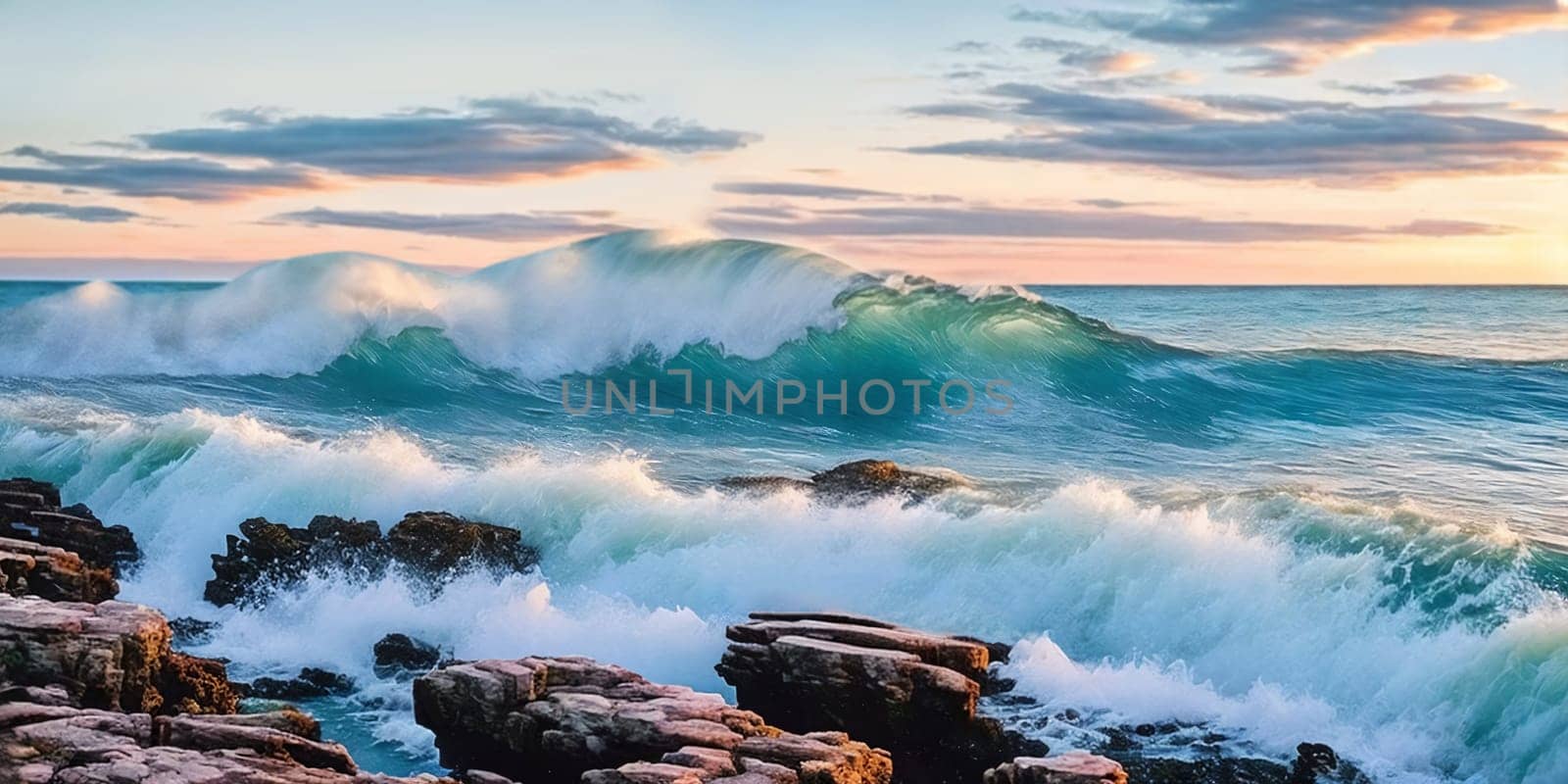 Stunning seascape, cliffs towering over the coastline, waves crashing below. Panorama. Generative AI.