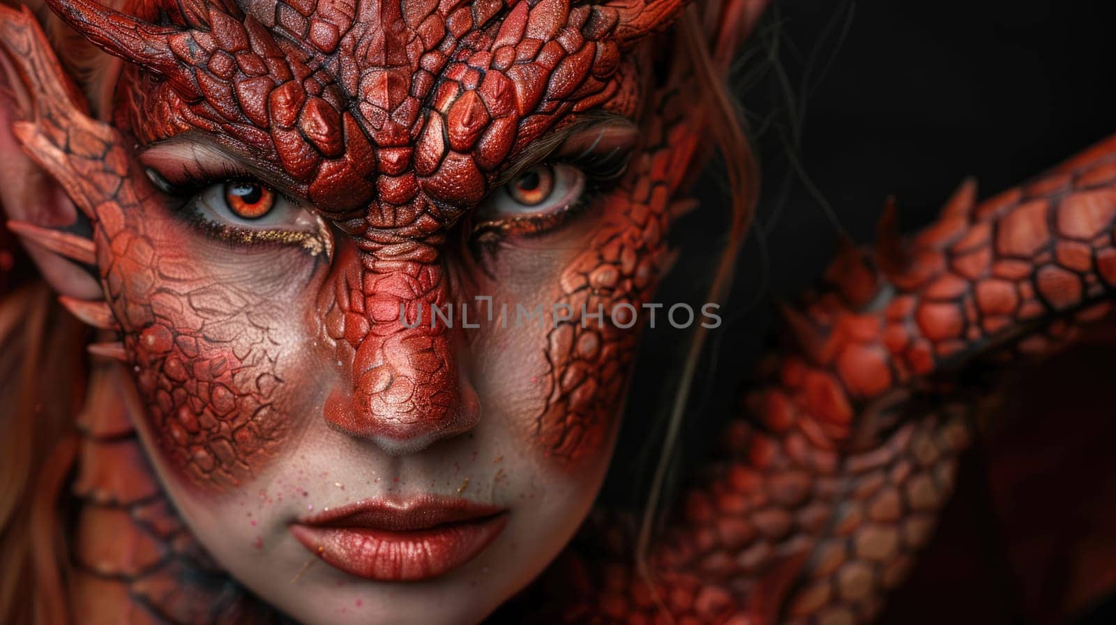 Fantasy portrait. Makeup of a mythical dragon. Professional makeup for filming AI