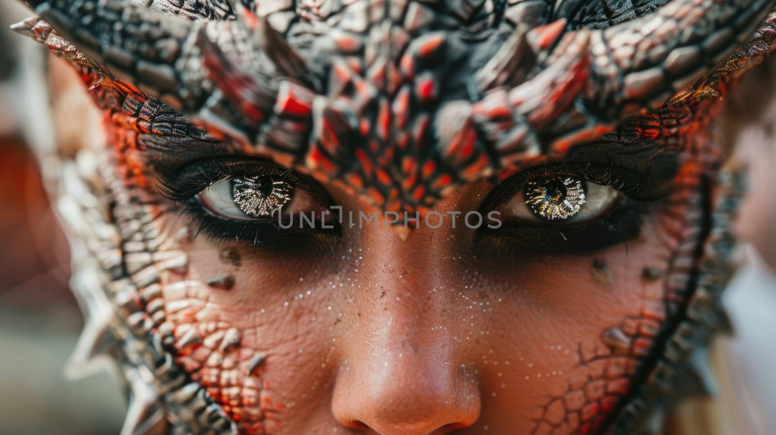 Fantasy portrait. Makeup of a mythical dragon. Professional makeup for filming AI