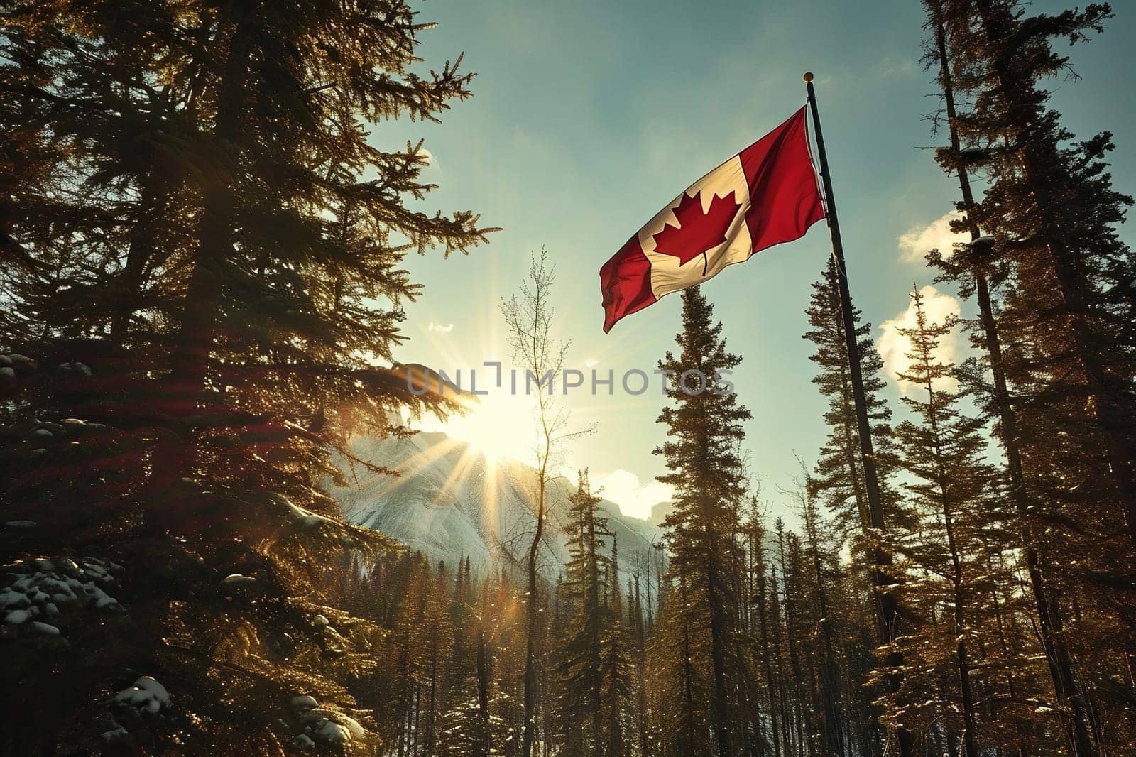 Canadian flag on a high pole among the forest against the backdrop of mountains and the sun.