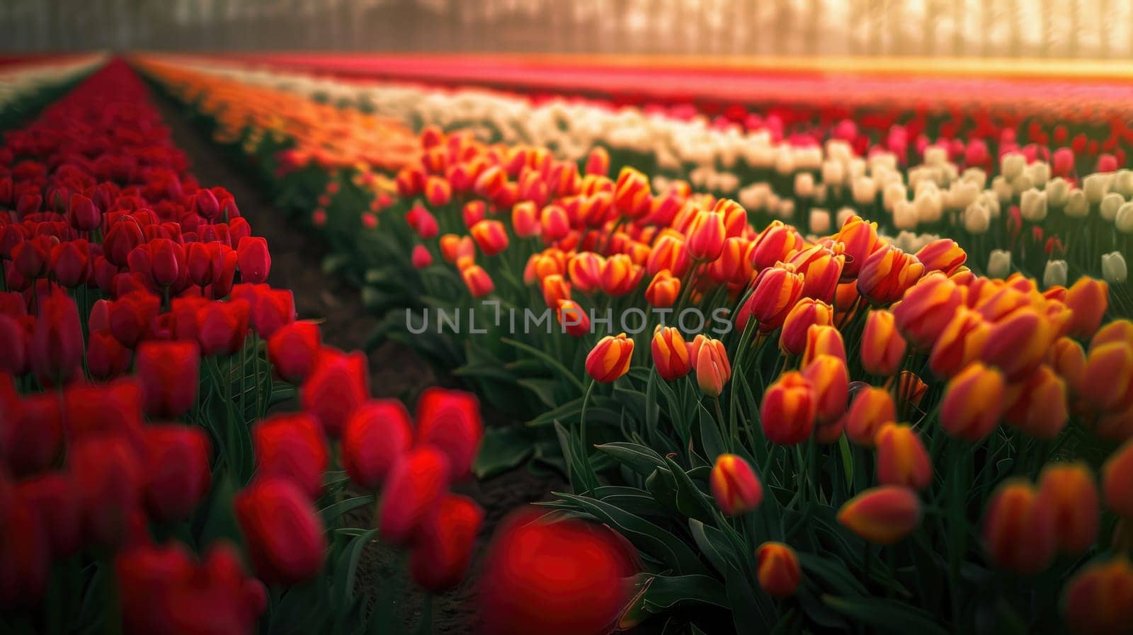 Field of colorful tulips, many spring flowers. AI