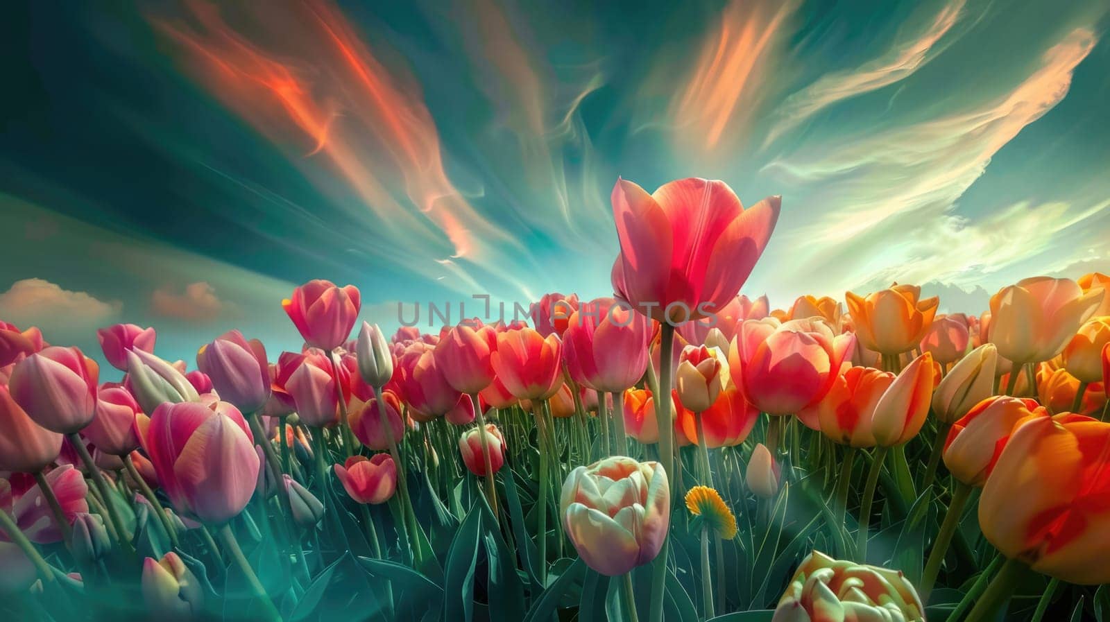 Field of colorful tulips, many spring flowers. AI