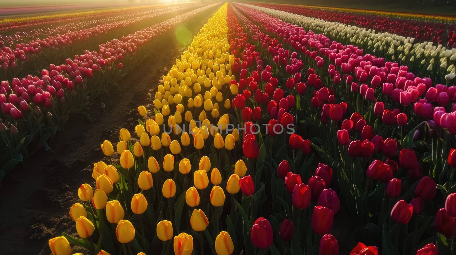 Field of colorful tulips, many spring flowers. AI