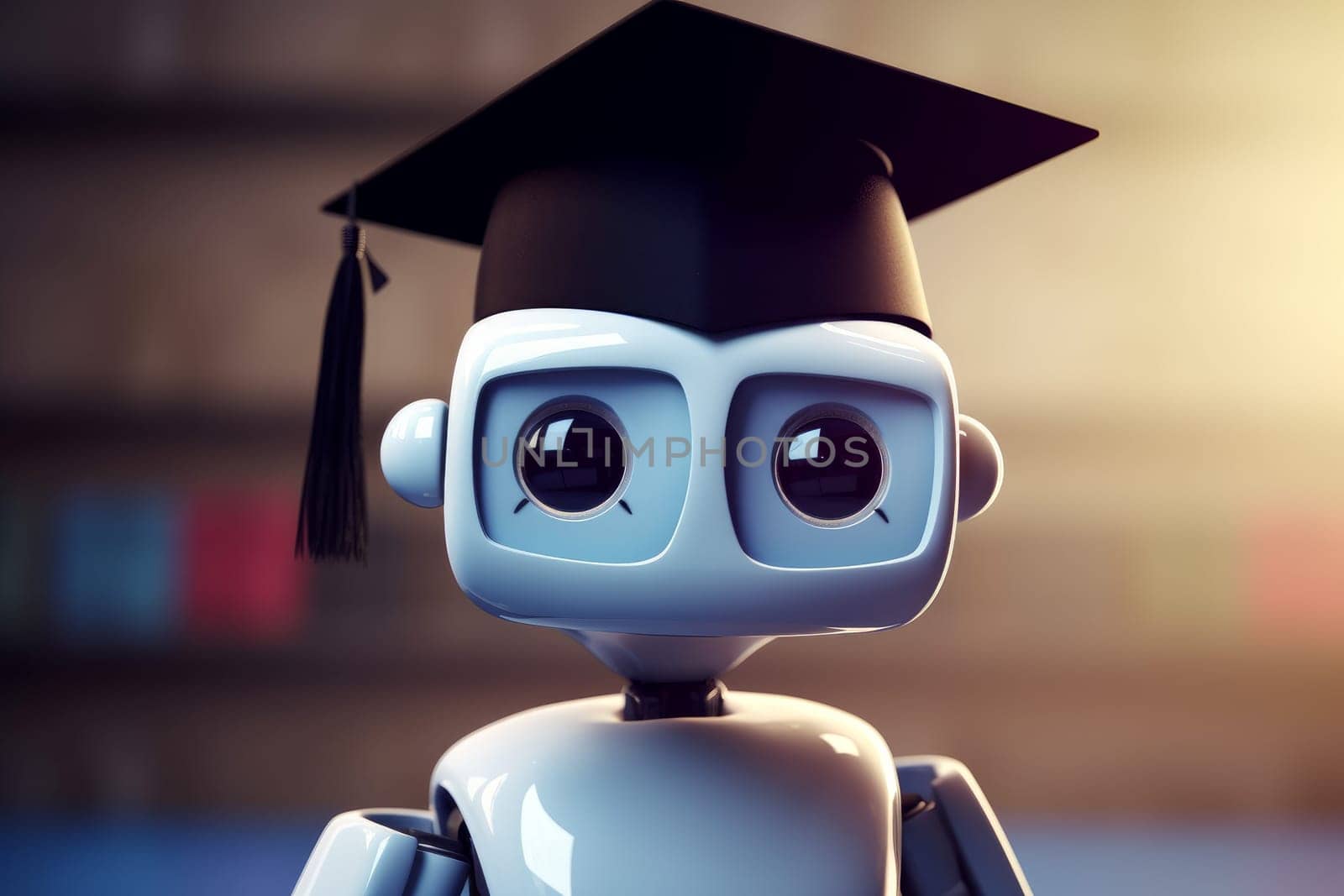 Robot graduation cap. Study data. Generate Ai