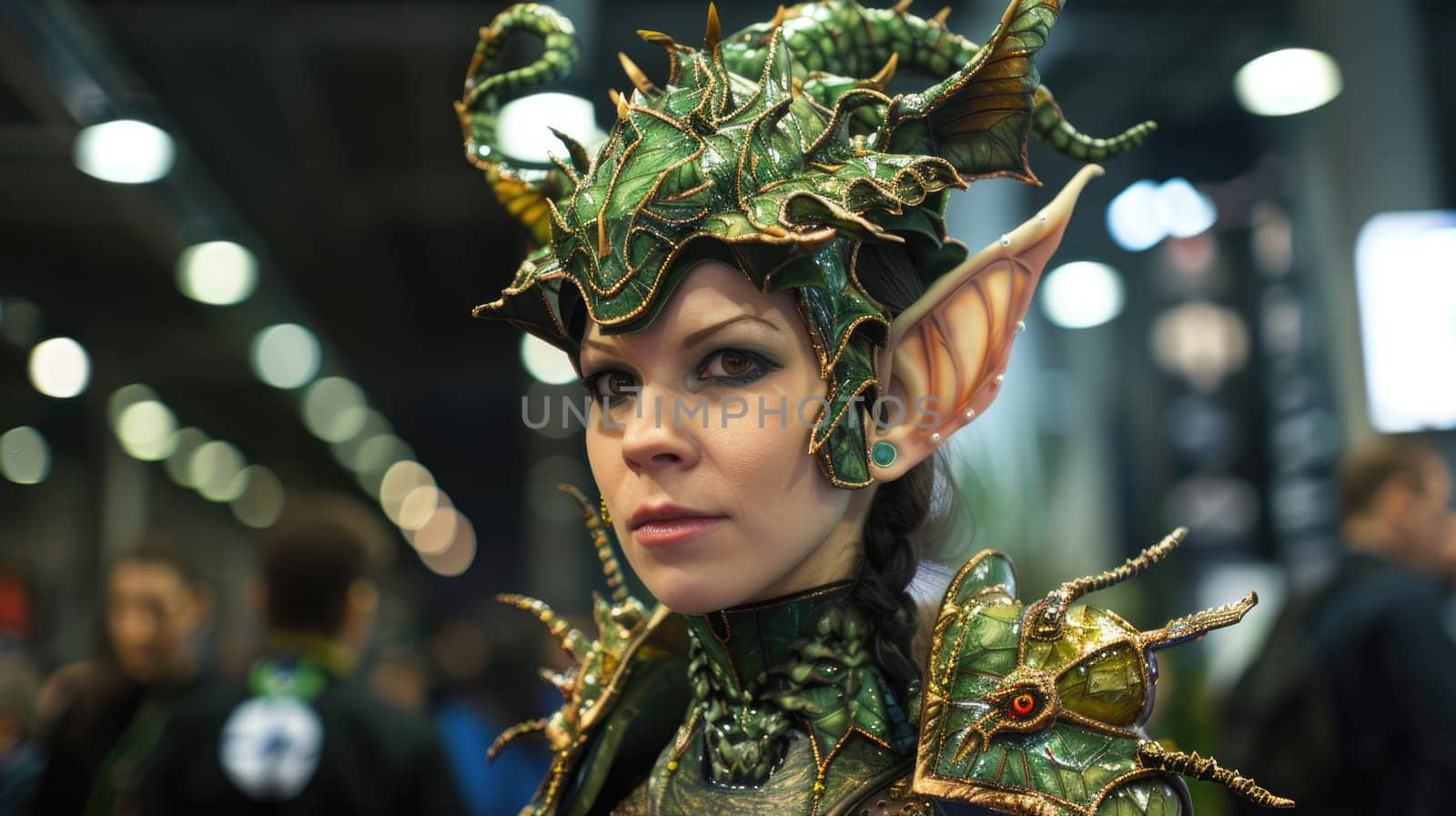Girl in an elf costume against the backdrop of a cosplay event AI