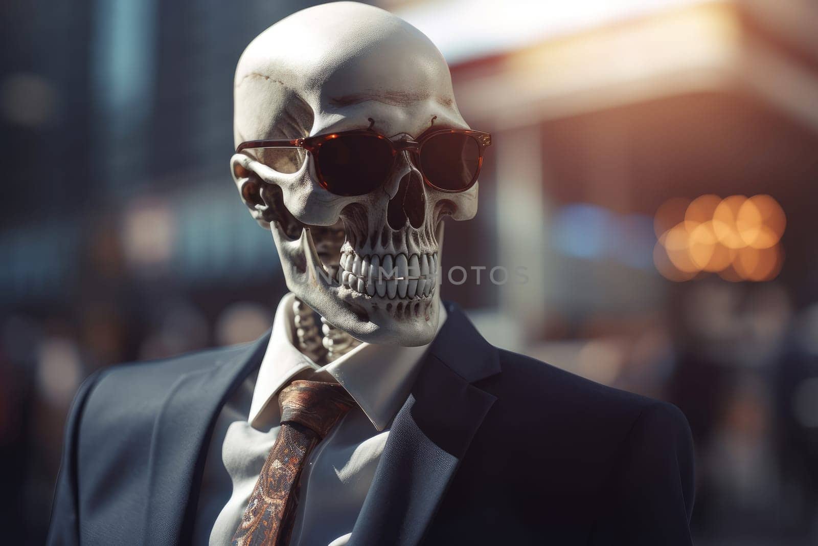 Skeleton business suit. Human face horror. Generate Ai