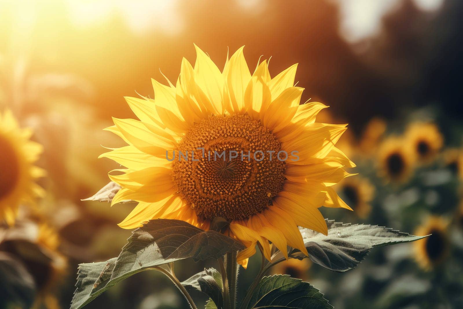 Sunflower blurred sunny background. Nature sunrise. Generate Ai