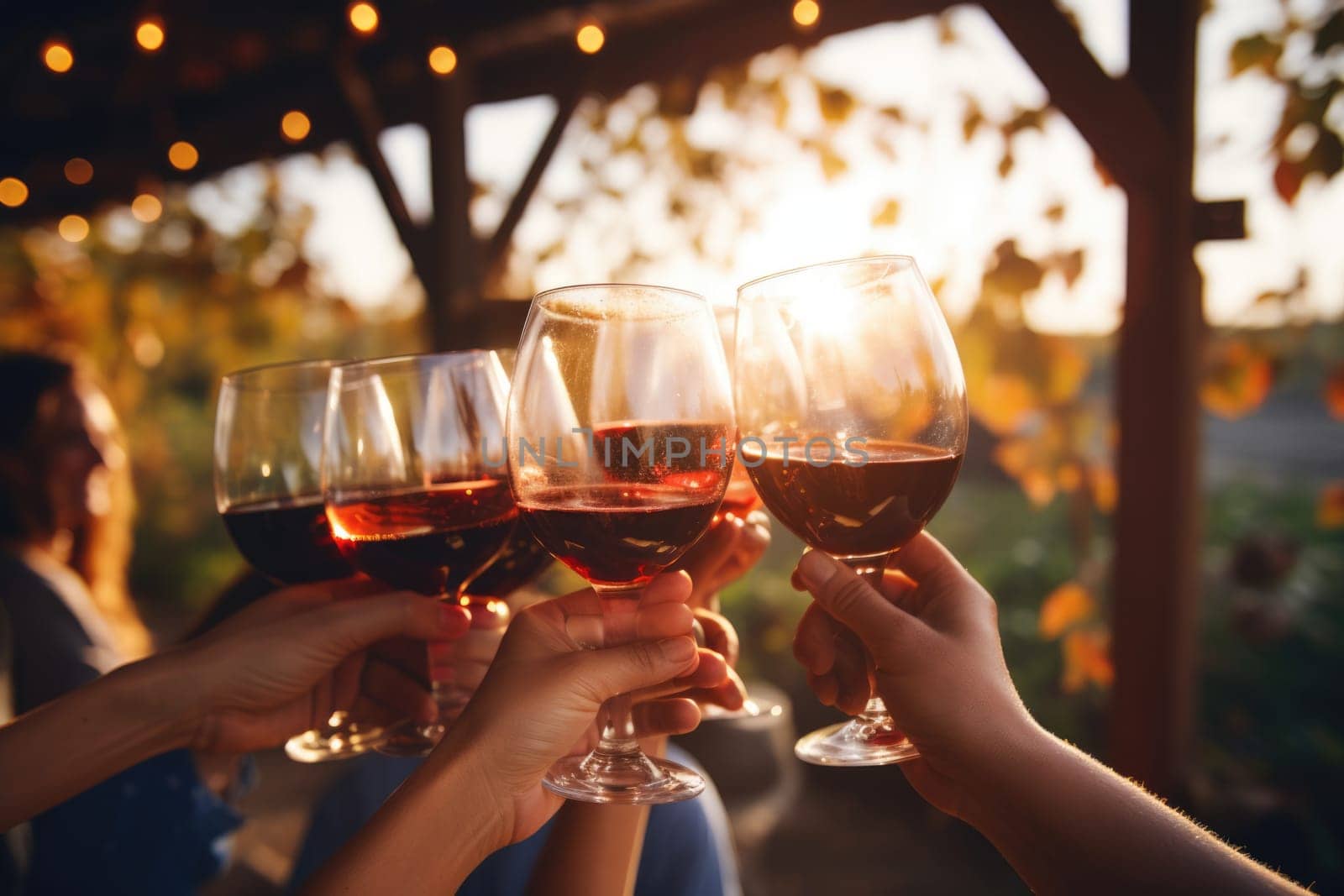 Group of friends gathering for wine tasting in countryside vineyard comeliness by biancoblue