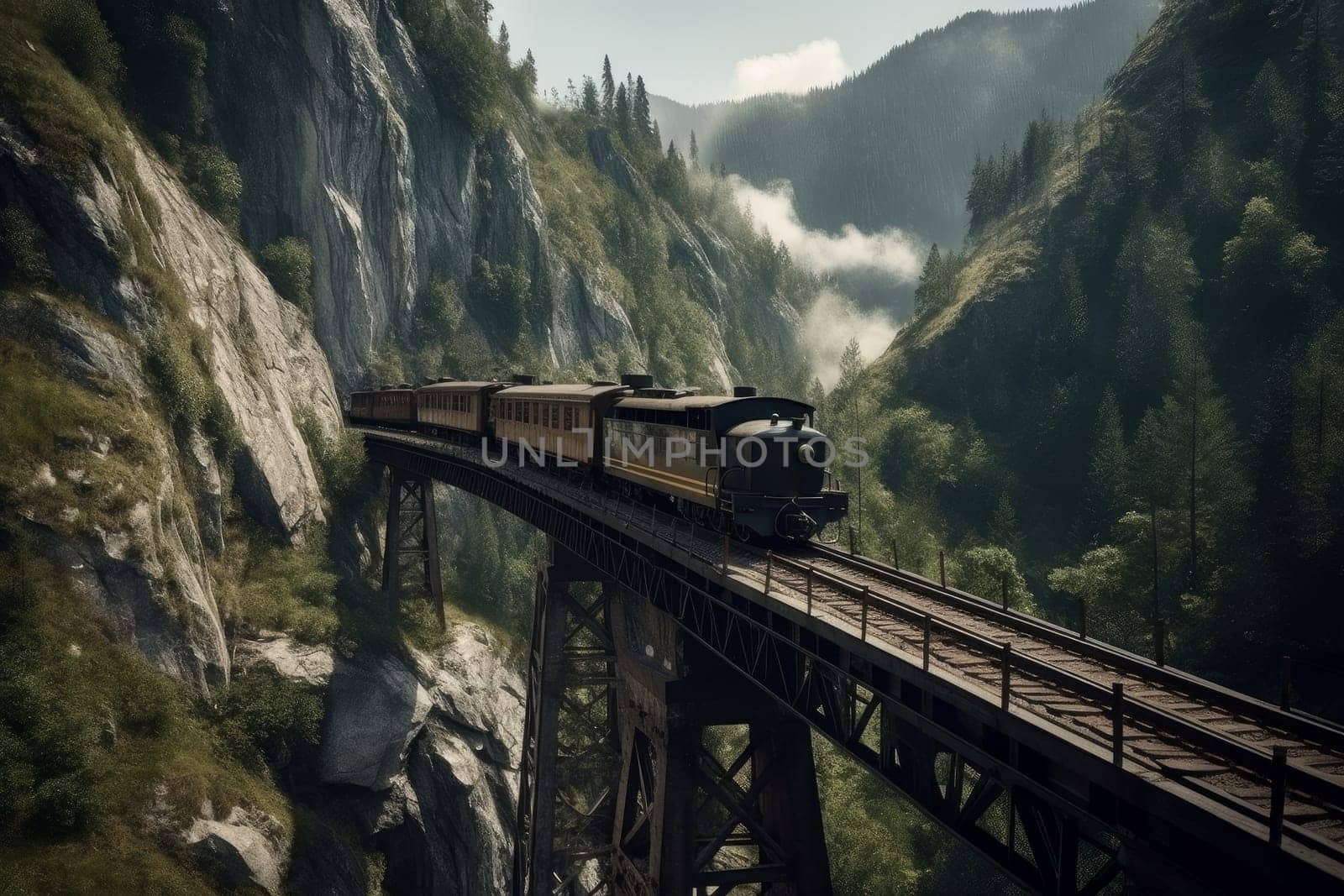 Train bridge mountains. Scenic forest. Generate Ai