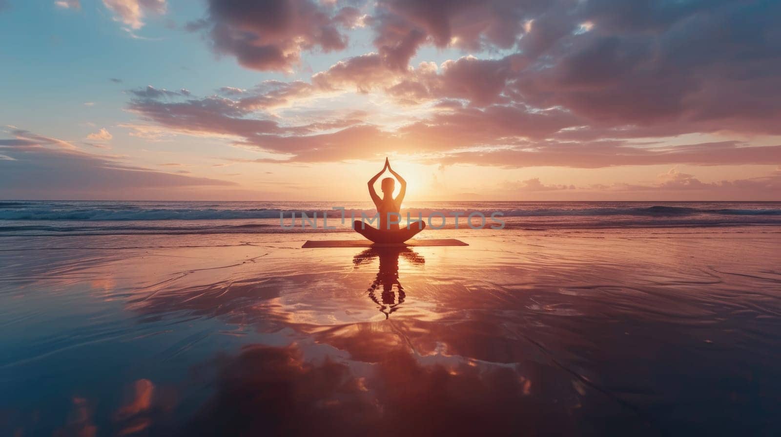 A tranquil yoga session on a beach at sunrise, calm sea in the background. Resplendent.