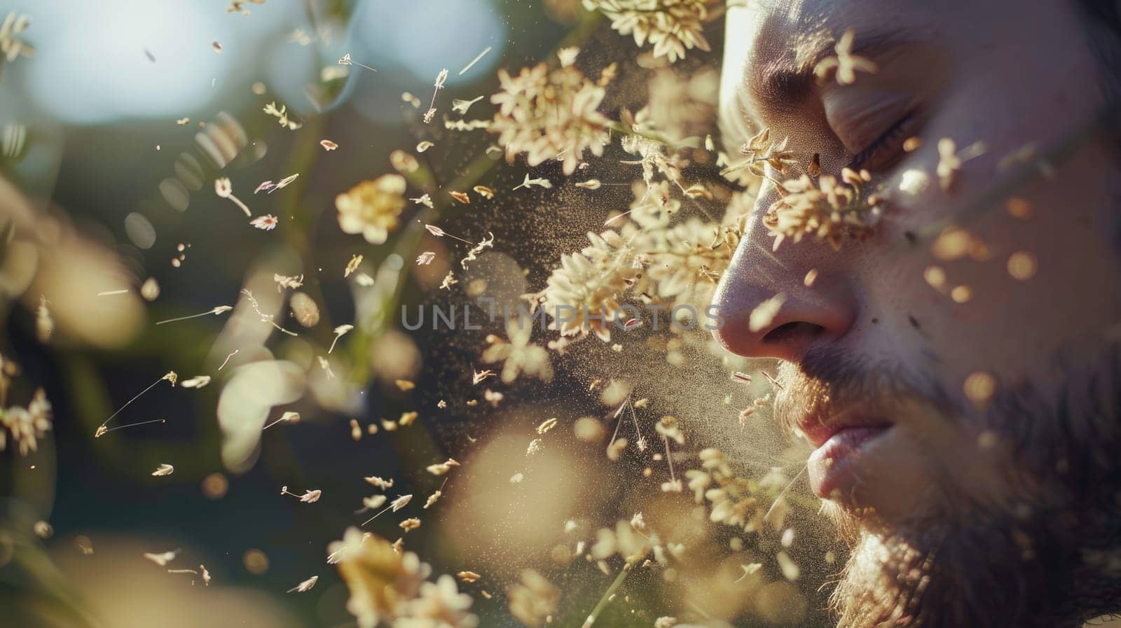 Portrait of man. Pollen allergies, seasonal allergic reactions. Spring allergy concept AI