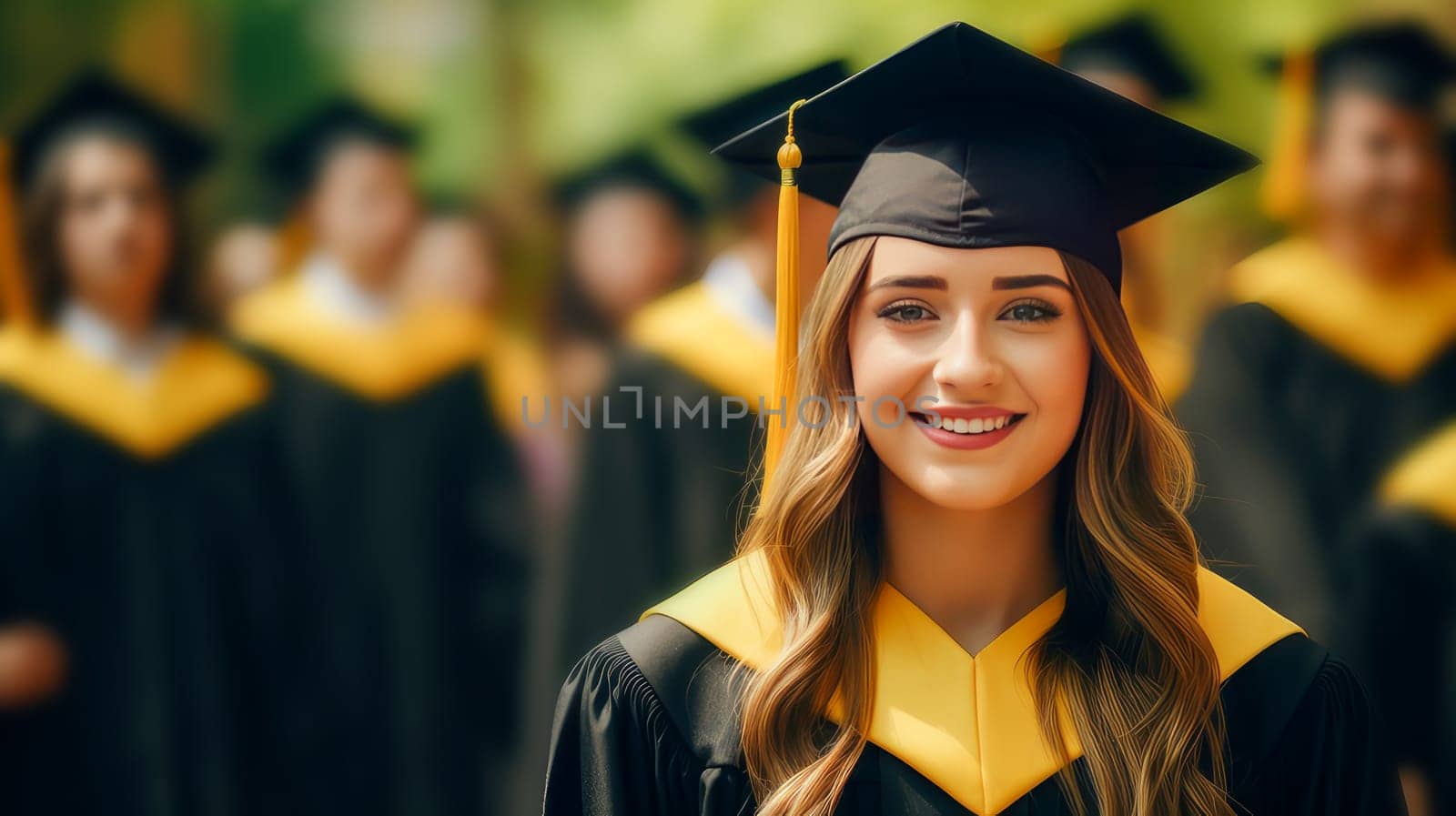 A young girl wearing a graduate hat in front of her classmates. Graduation from college, university or institute. Completing training at a higher educational institution. Master's degree, academic success.