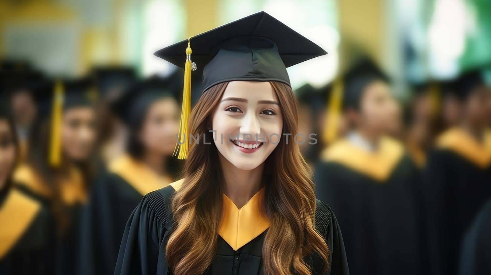A young Asian girl wearing a graduate hat against the background of her classmates. Graduation from college, university or institute. Completing training at a higher educational institution. Master's degree, academic success.