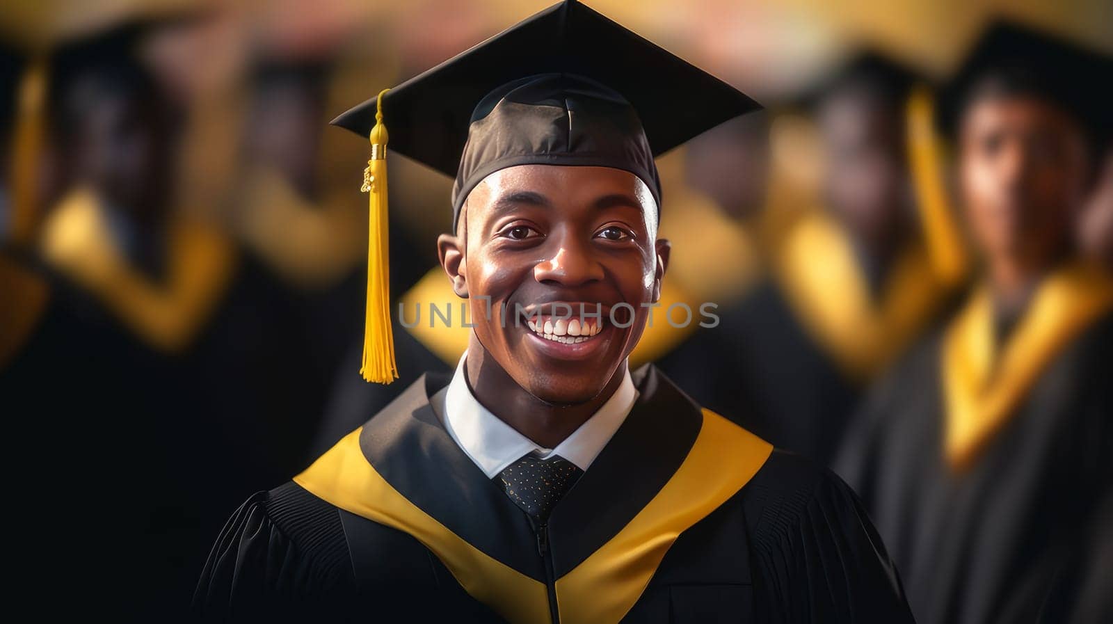 A young dark-skinned, black, African-American guy wearing a graduate hat against the background of his classmates. Graduation from college, university or institute. Completing training higher educational institution. Master's degree academic success.