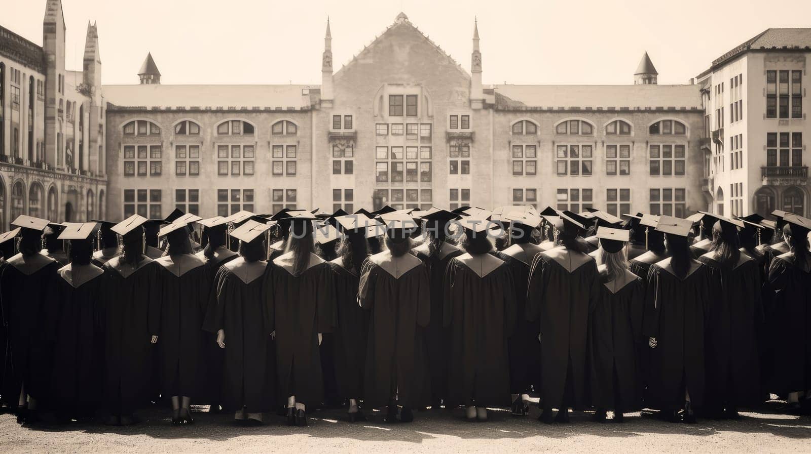 A large group of graduates in hats with their classmates are standing near an educational institution, black and white, old. Graduation from college, university or institute. Completing training at a higher educational institution