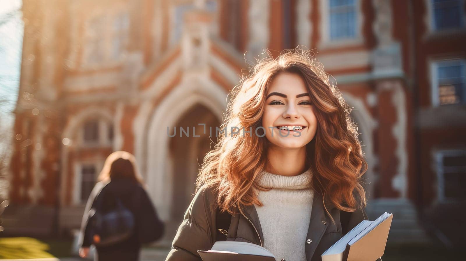 A smiling young girl sits on the steps of an educational institution. Graduation from college, university or institute. Completing training at a higher educational institution. Master's degree, academic success.