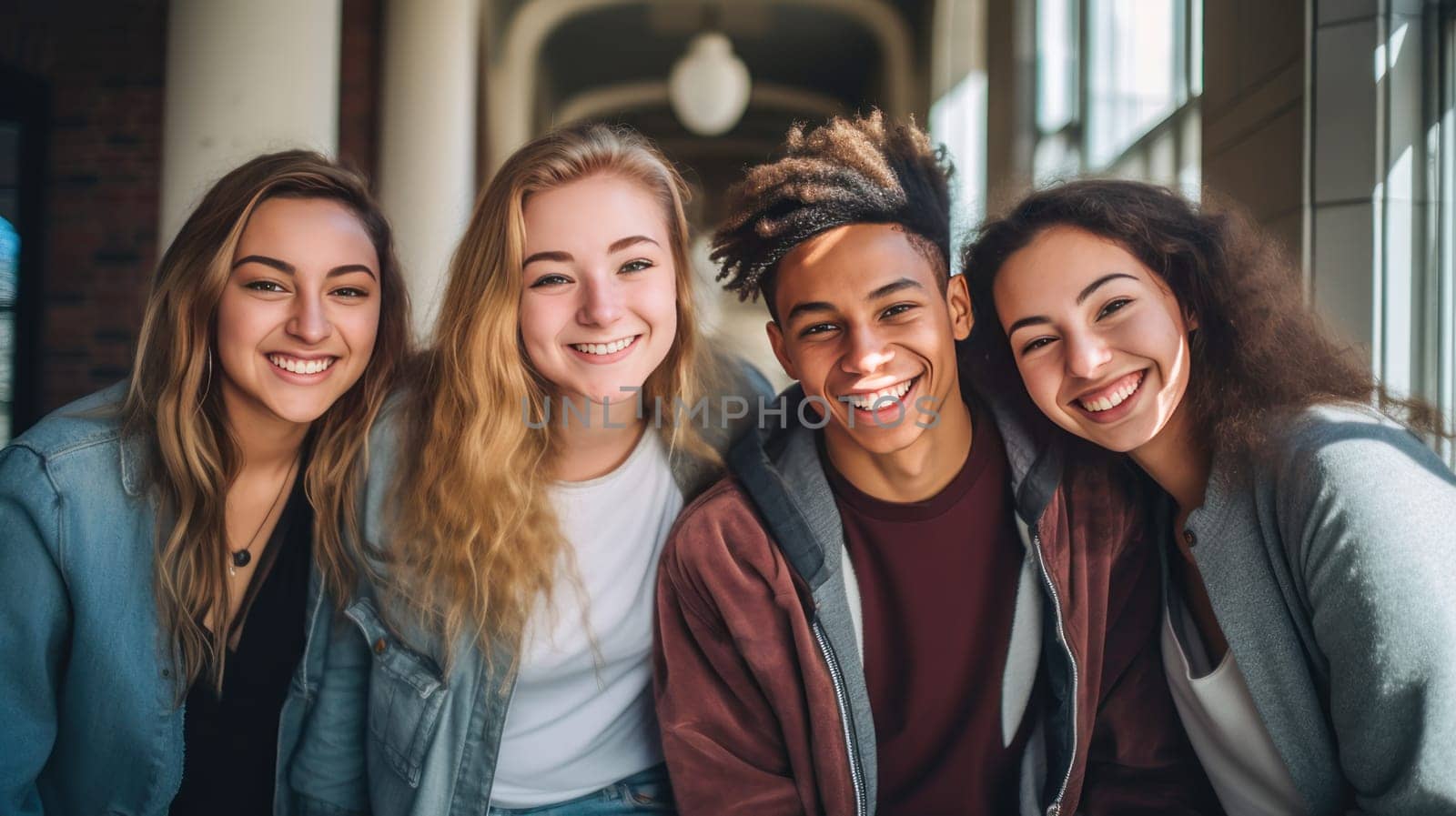 A group of multiracial young people, boys and girls, students of an educational institution smiling. Graduation from college, university or institute. Completing training at a higher educational institution. Master's degree, academic success.