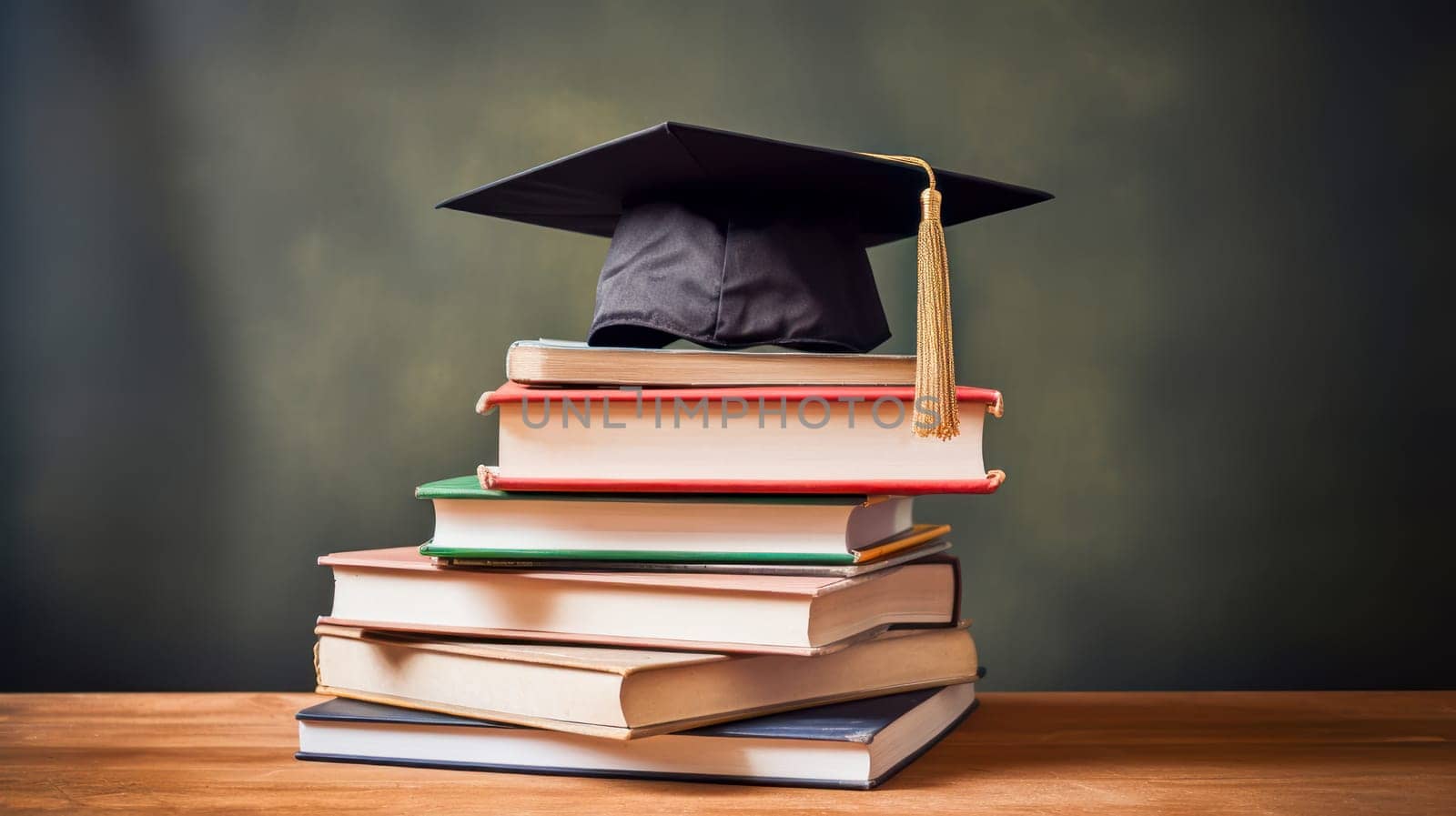 A stack of books and a hat, graduate cap on a wooden surface background. Graduation from college, university or institute. Completing training at a higher educational institution. Master's degree, academic success.