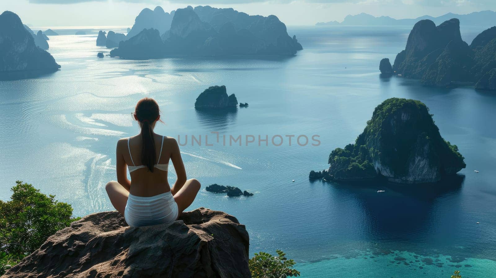 Tourist girl against the backdrop of mountain peaks and the coasts of Asia AI