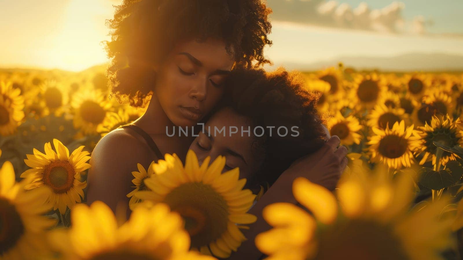 Two pretty young black friends woman pose in a sunflower field. AI