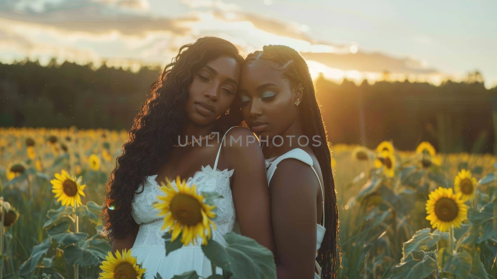 Two pretty young black friends woman pose in a sunflower field. AI