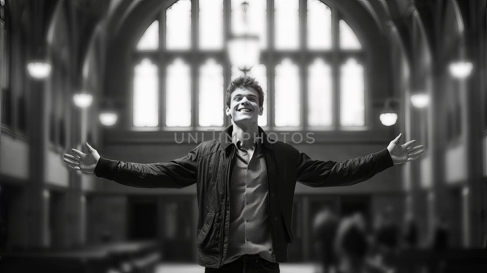 A young smiling, happy student guy is standing in the foyer of an educational institution. Black white, old. Graduation from college, university or institute. Completing training at a higher educational institution. Master's degree, academic success.