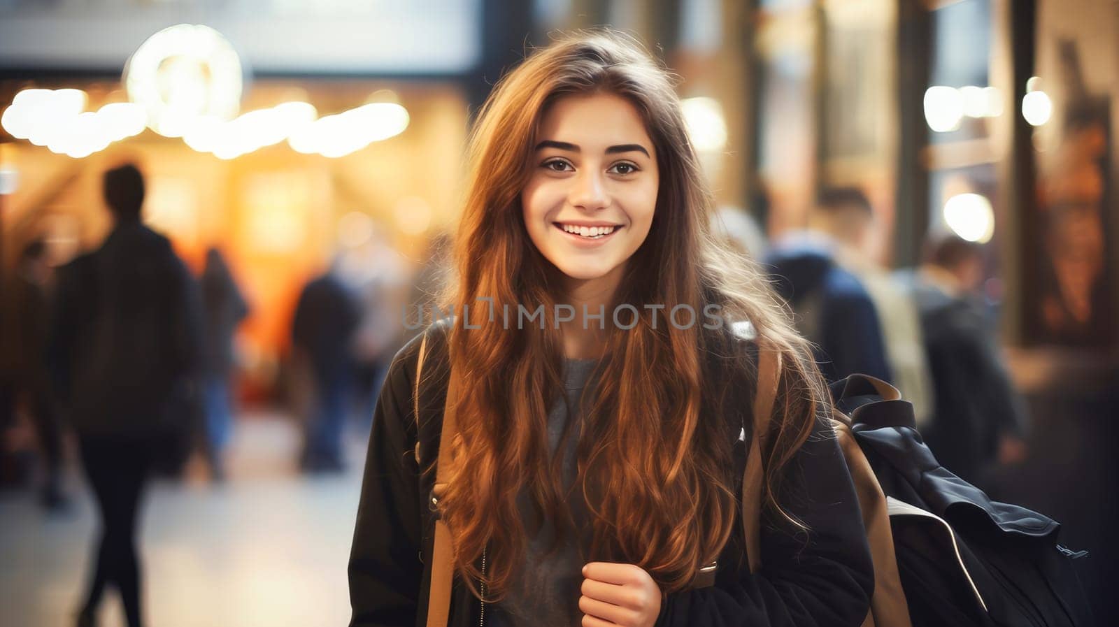 A young smiling, happy student, girl stands in the foyer at an educational institution. Graduation from college, university or institute. Completing training at a higher educational institution. Master's degree, academic success.