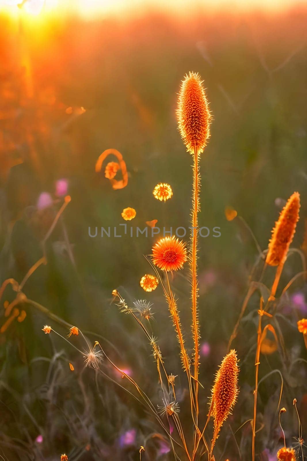 Golden Hour Glow. Warm, soft light of the setting sun illuminating delicate wildflowers or intricate spiderwebs in a field, highlighting their natural beauty.