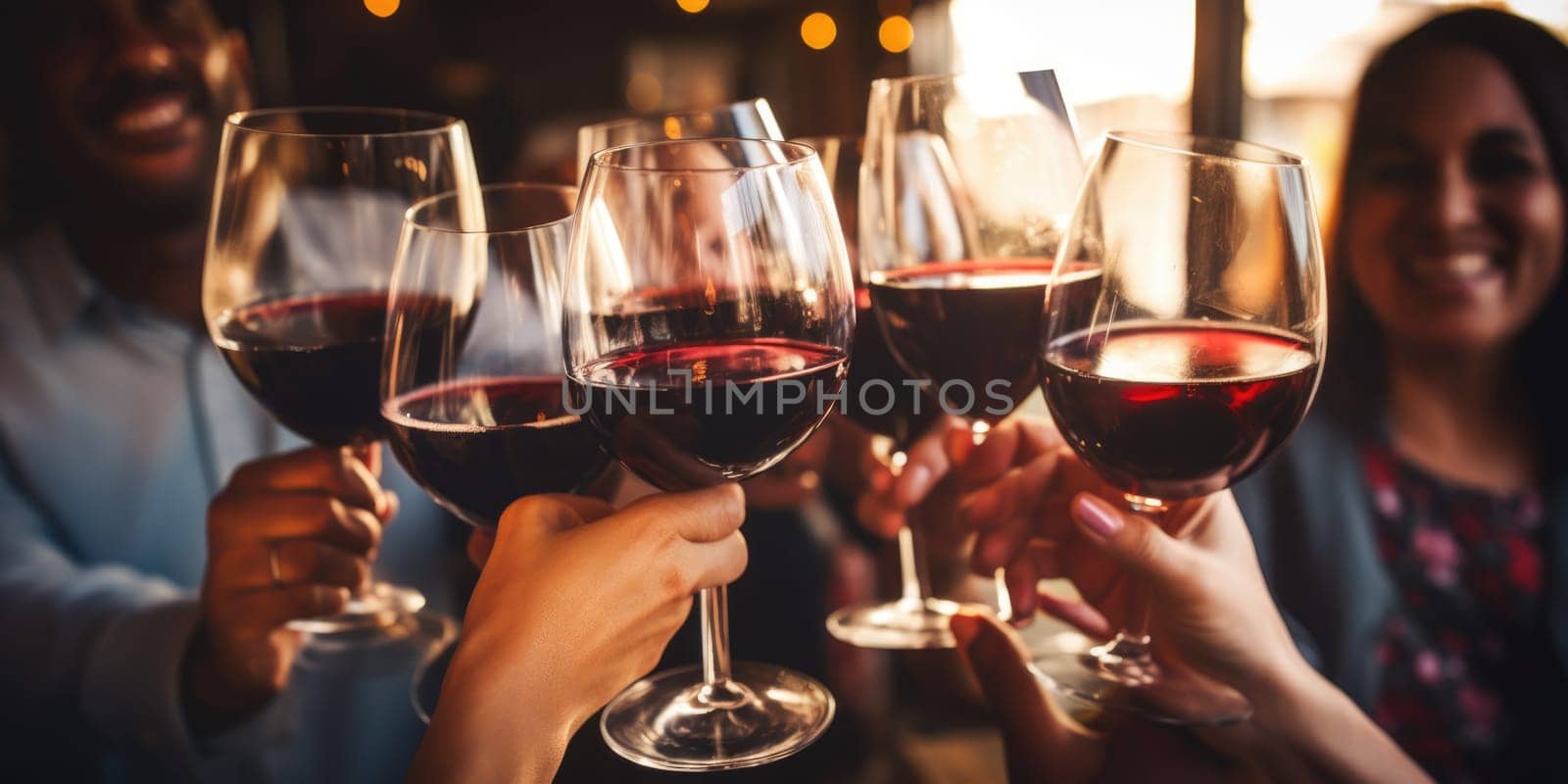 Group of friends gathering for wine tasting in countryside vineyard in summer harvesting season cheering and toasting with friendship comeliness