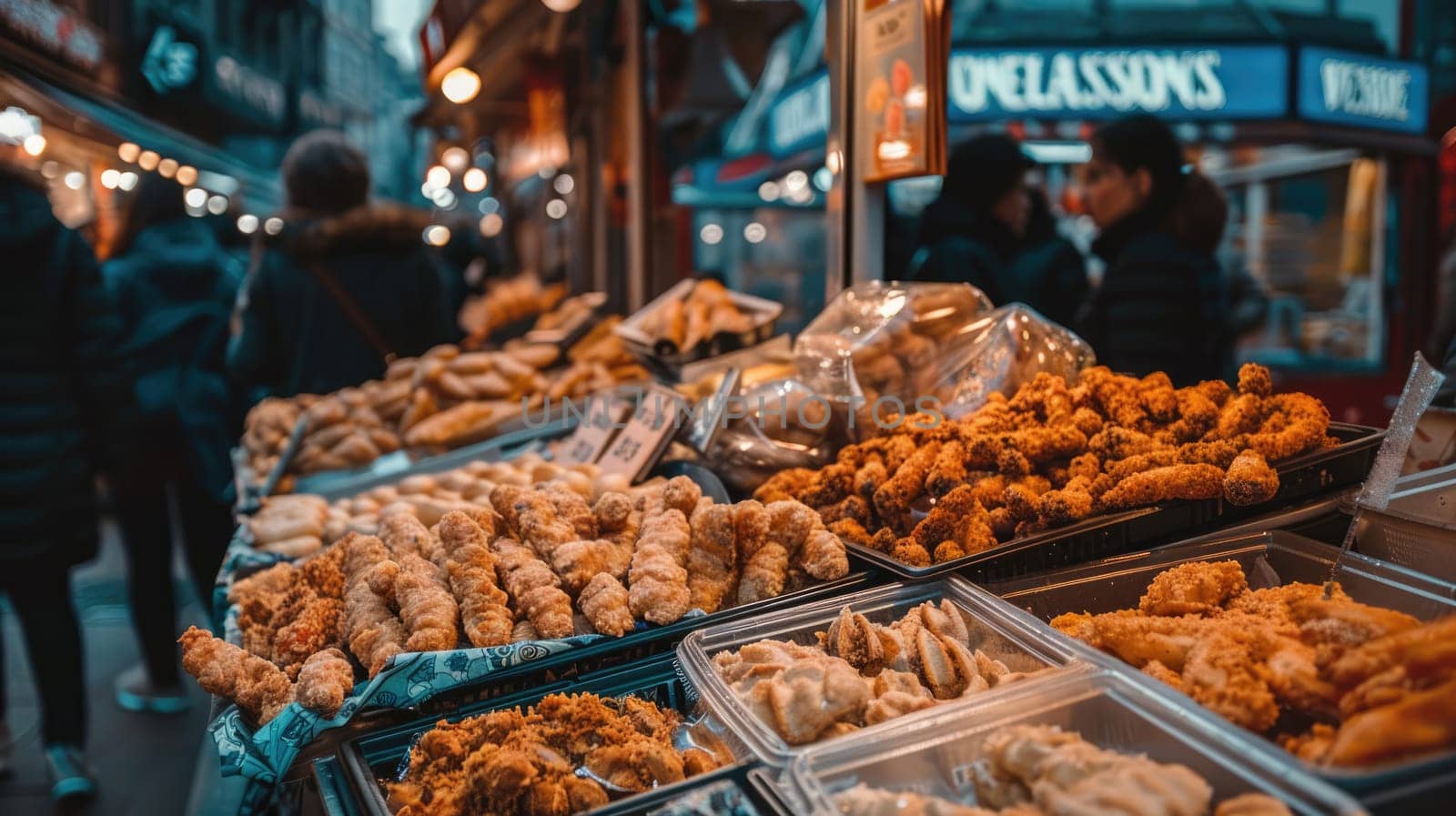 Variety of Asian food items offered at a street fair outdoors AI