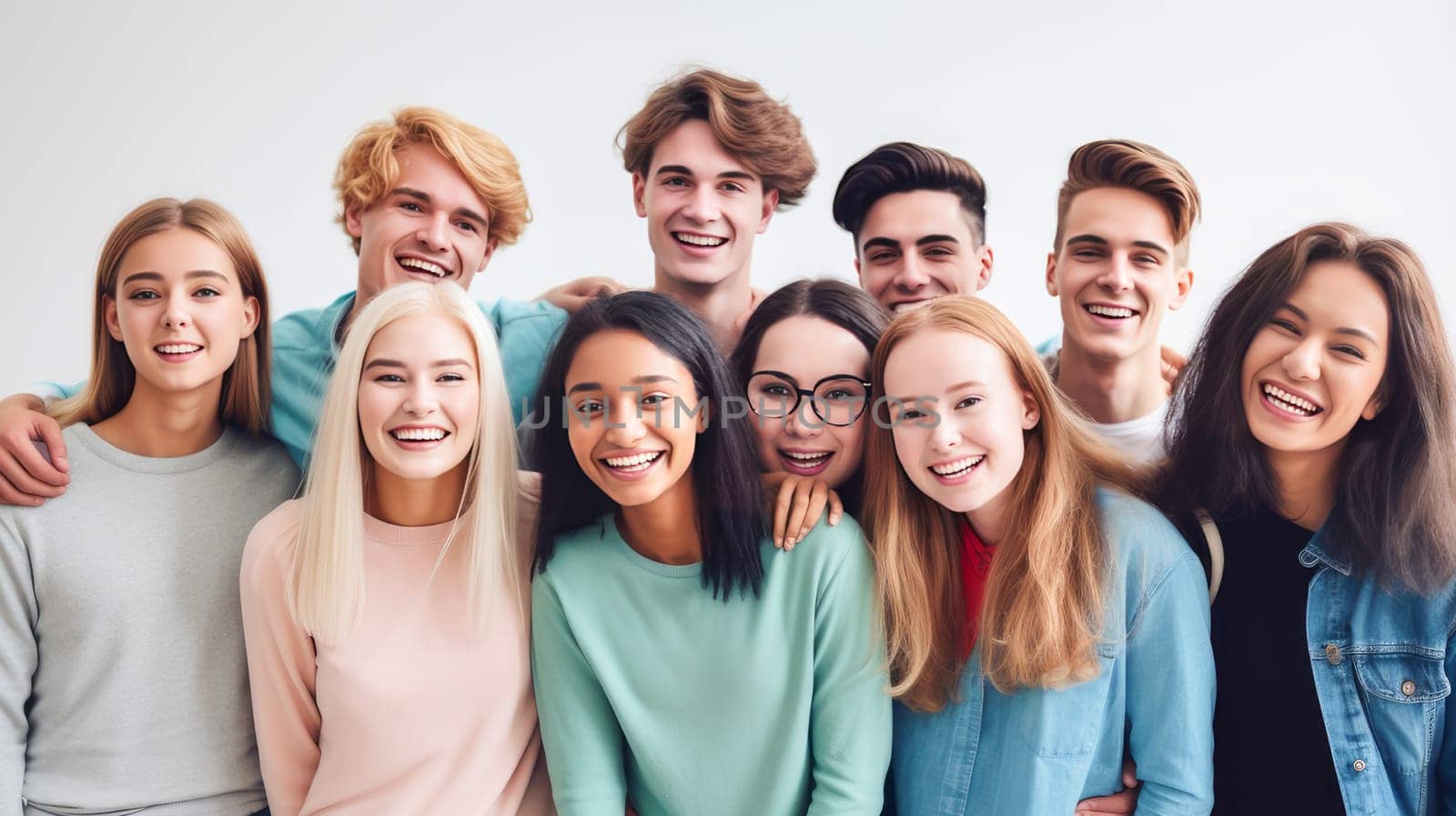 A group of multiracial young people, boys and girls, students of an educational institution smiling. Graduation from college, university or institute. Completing training at a higher educational institution. Master's degree, academic success.