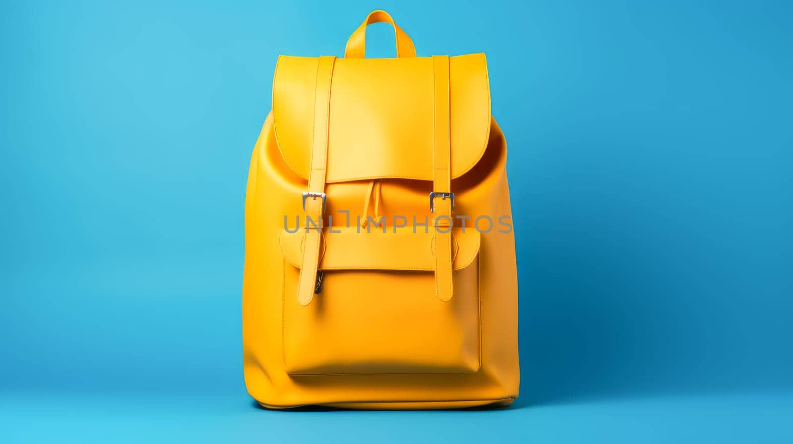 Yellow school backpack on a blue background. by Alla_Yurtayeva