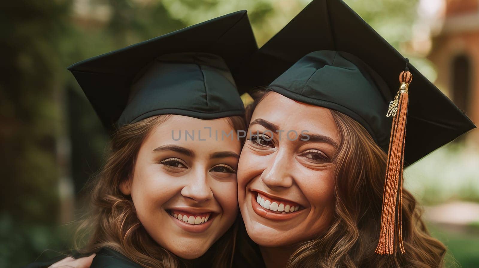 Happy mother hugging her daughter in a graduation cap near an educational institution. Graduation from college, university or institute. Completing training at a higher educational institution. Master's degree, academic success.