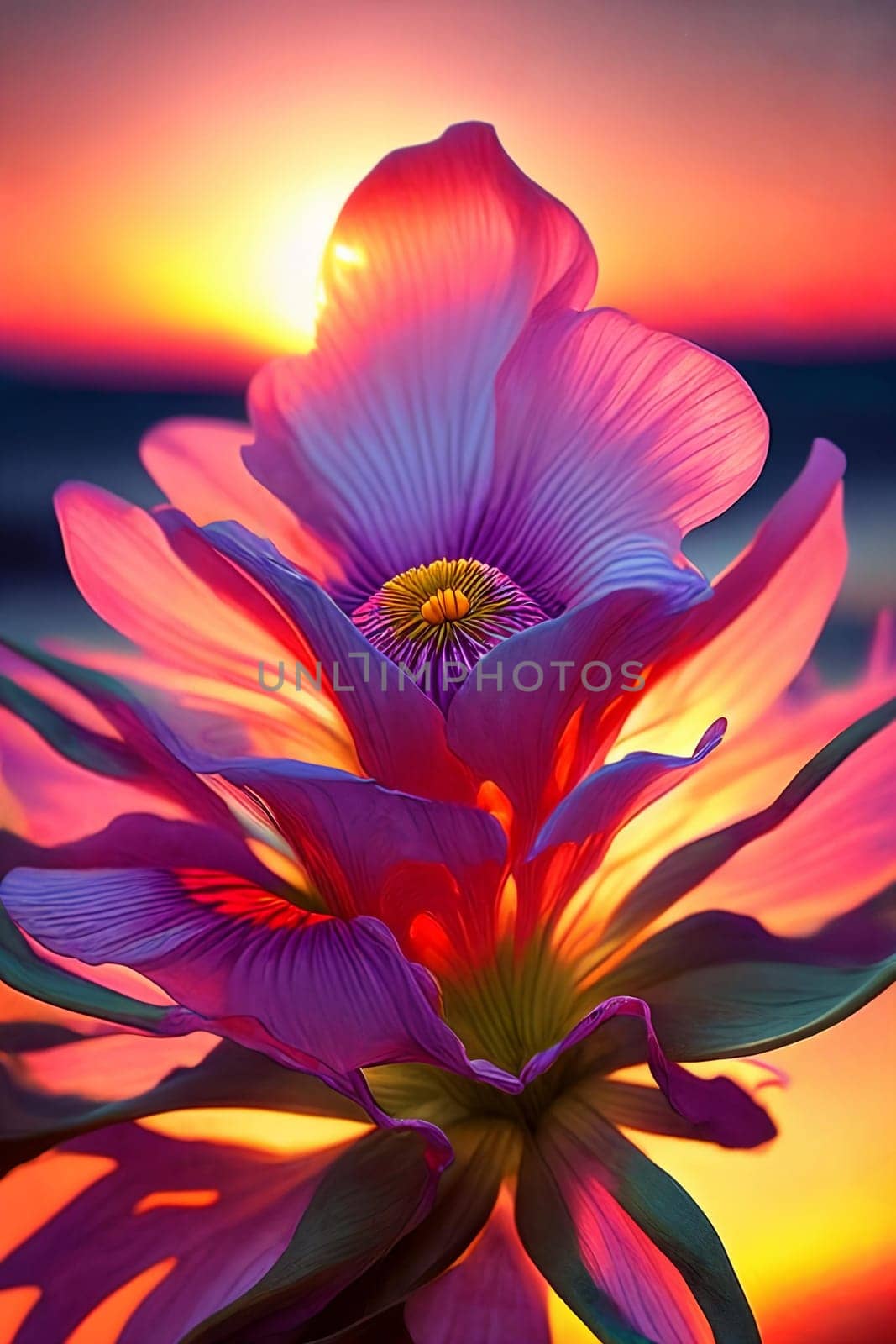 Floral Fantasy. Intricate details of a blooming flower as it catches the last rays of the setting sun, highlighting its delicate petals and vibrant colors in a dreamy, ethereal light.