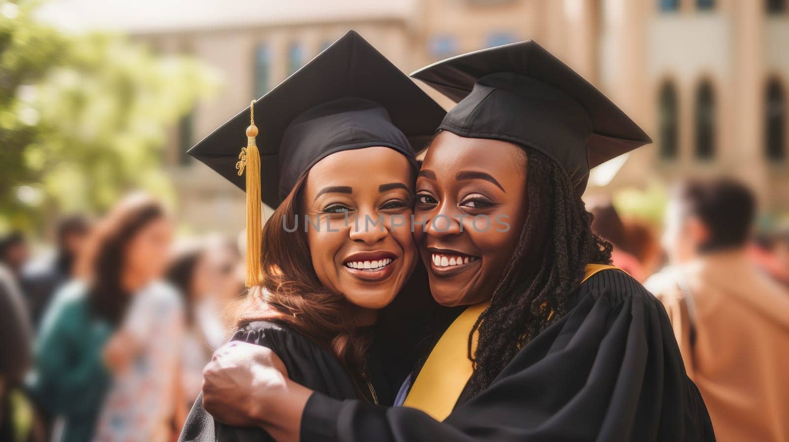 Happy dark-skinned, black, African-American mother hugging her student daughter in a cap, graduate cap near an educational institution. Graduation from college, university or institute. Completing training at a higher educational institution.