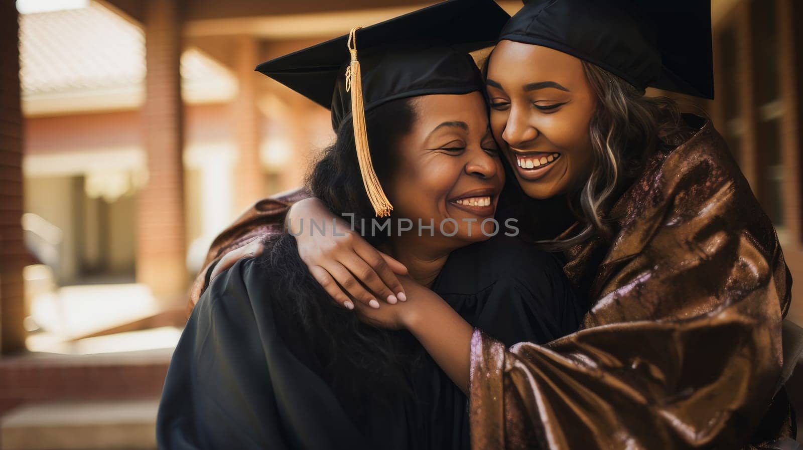 Happy dark-skinned, black, African-American mother hugging her student daughter in a cap, graduate cap near an educational institution. Graduation from college, university or institute. Completing training at a higher educational institution.