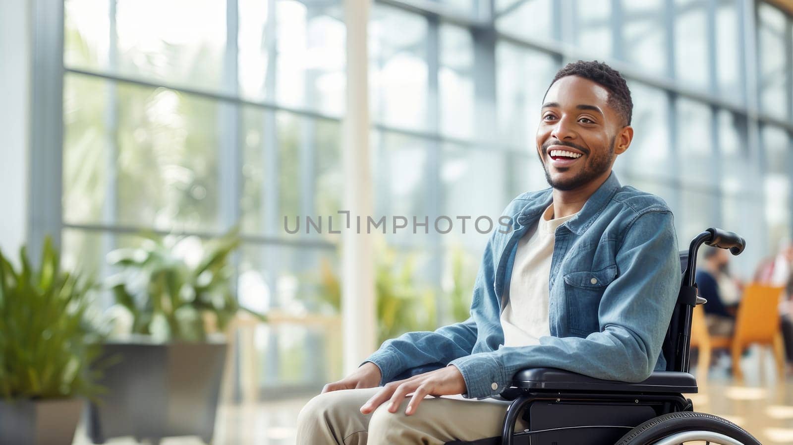 Happy, smiling young dark-skinned, black, African-American guy student in a wheelchair in the foyer of an educational institution. Graduation from college, university or institute. Completing training at a higher educational institution.