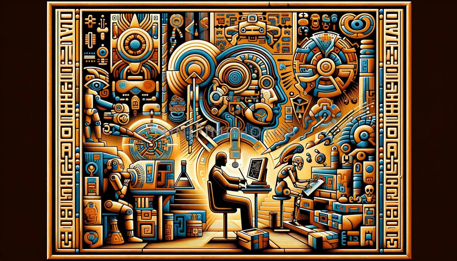 A Mayan-style painting depicting a man sitting in front of a computer, using artificial intelligence to aid him in scientific research.
