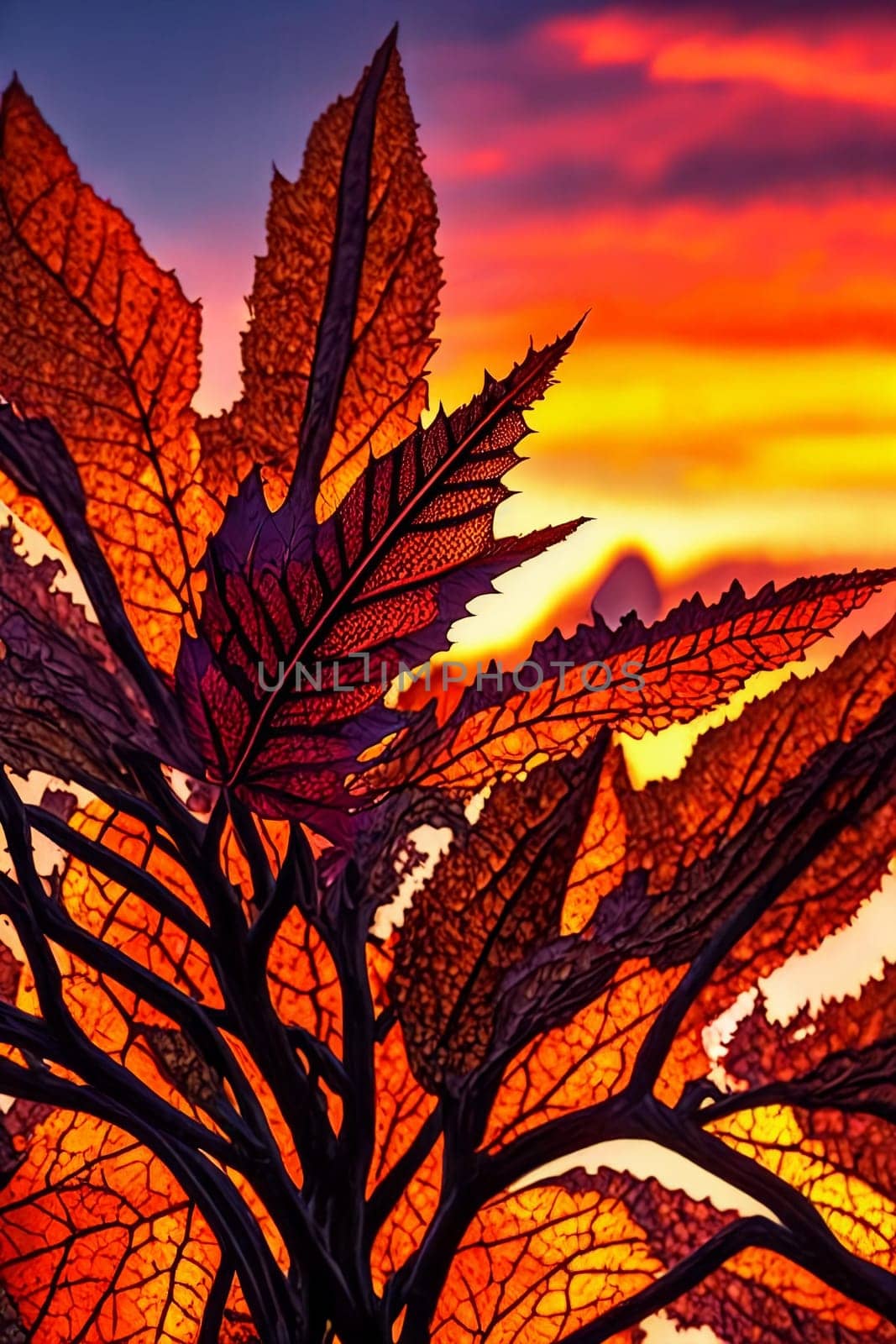 Autumn Elegance. Rich colors and textures of fall foliage at sunset, capturing the intricate details of individual leaves as they glow in the fading light of the day.