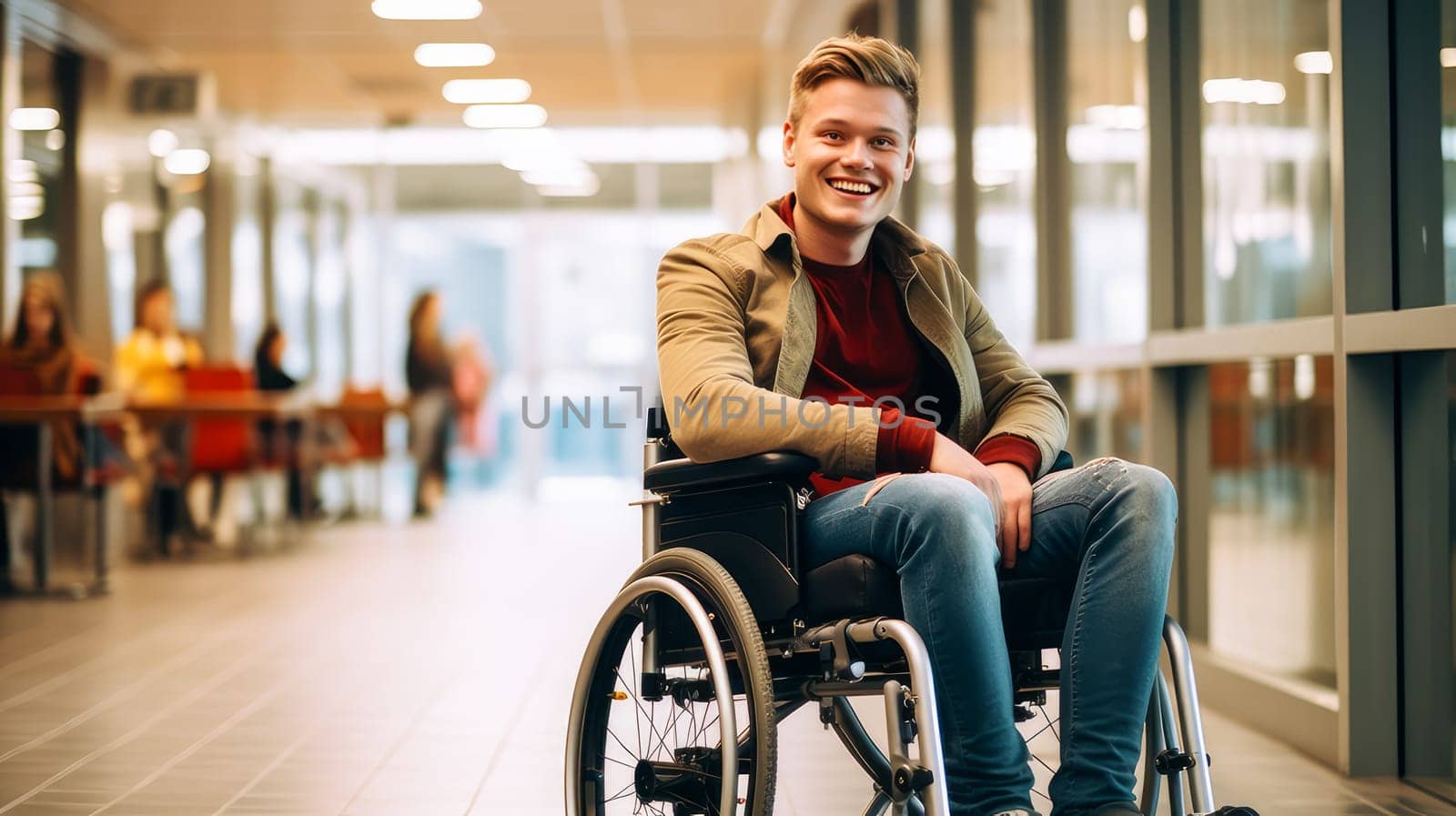 Happy, smiling young guy student in a wheelchair in the foyer of an educational institution. by Alla_Yurtayeva