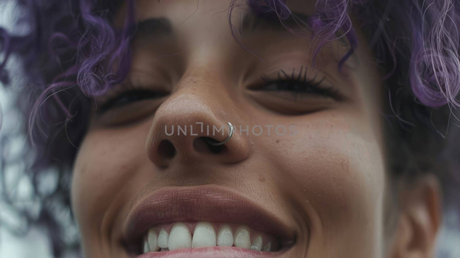 Woman smiling with purple hair. Positive girl lifestyle vivid imagee AI
